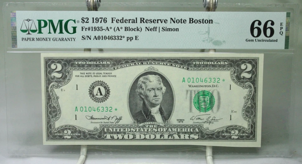 1976 $2 Federal Reserve Note Boston Star Note Fr#1935A* PMG 66EPQ #6332 - Image 1 of 2