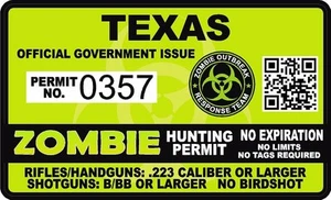 Calcomanía pegatina con permiso de caza de zombis Texas TX EE. UU. respuesta al brote Walking Dead - Imagen 1 de 1