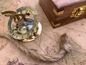 Nautical Solid Brass Collectible Working Sundial Compass With Wooden Box - Picture 1 of 5