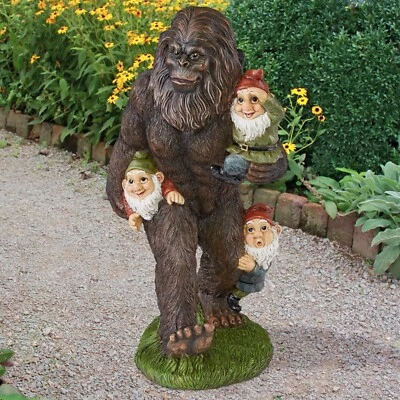 Whimsical Bigfoot Carrying Gnomes Garden Statue Yeti Sculpture Figurine Art 16"H - Image 1 of 4