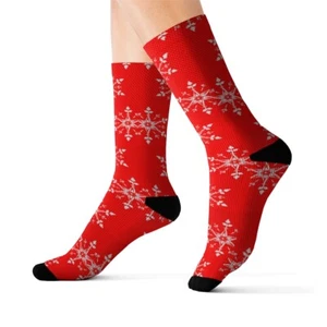 Red Christmas Socks, White Snowflakes, Holiday Socks, Fun Socks, Gift Socks - Picture 1 of 13