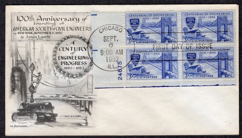 1952 US Society Civil Engineers 100th - Aristocrat Plate Block FDC MT574 Cover