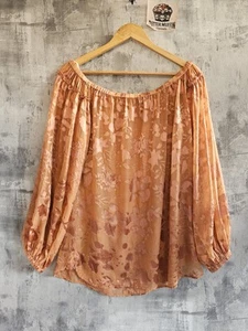 Gold Hawk 100% Silk Blouse S – Peach Burnout Floral Off Shoulder Boho Top Balloo - Picture 1 of 9
