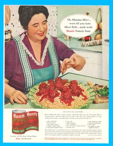 Pasta de tomate Hunt's Mamma Mia albóndigas espaguetis cena italiana receta anuncio impreso - Imagen 1 de 4