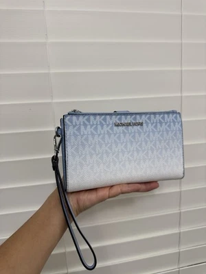 Michael Kors Jet Set Travel Double Zip Wristlet Wallet MK Logo Light Sky - Image 1 of 4