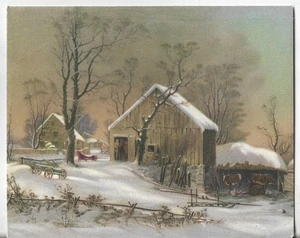 Vintage Weihnachtsgrußkarte 6x4,75 braun Scheune Bauernhof rot Schlitten Räder Wagen Schnee - Bild 1 von 3