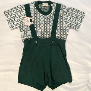 Vintage Iwanta Vat Dyed Yarns Knit Overall Romper Outfit Boys Kids 3T Dark Green - Picture 1 of 8