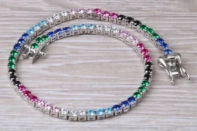 8 Ct Round Lab Created Diamond Multicolor Tennis Bracelet 14K White Gold Plated - Image 1 of 4