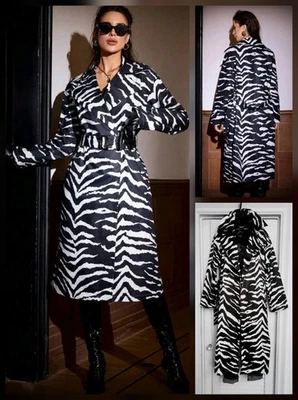 Trench coat para mujer negro blanco elegante estampado de cebra con bolsillos XL  Foto 1 de 4