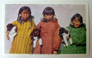 ALASKA POSTCARD SIX LITTLE ARTIC NATIVES CHILDREN DOGS - Picture 1 of 1