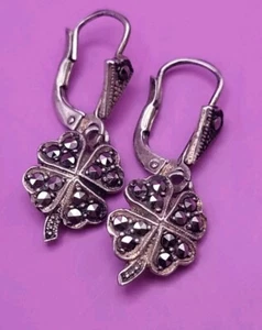 Estate Celtic Sterling Silver Marcasite Shamrock LC Earrings 4 Leaf Clover Luck - Picture 1 of 13