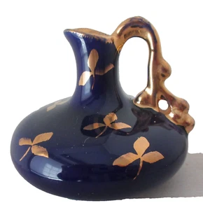 Vintage Deep Blue & Gold Le Pere Pottery Miniature Pitcher Bud Vase Mid-Century - Picture 1 of 15