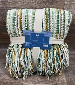 Pier 1 Imports Chenille Throw Blanket Fringe 50" x 60" Striped Green mint NWT - Picture 1 of 3