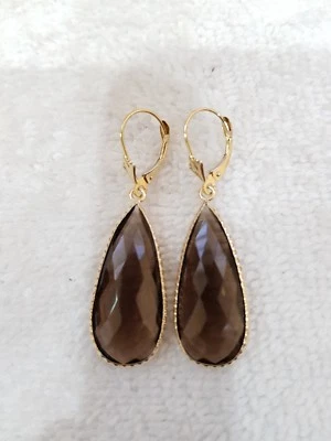 14K Yellow Gold Gemstones Dangling Earrings With Smoky, Leverback lock. - Image 1 of 4