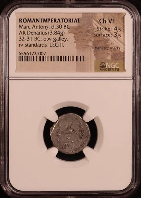 Imperio Romano Marco Antonio AR Denario (32-31 aC) - NGC Ch. ¡En estado bastante bueno! ¡Huelga 4/5! LEG II Foto 1 de 4