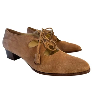 ANN TAYLOR VTG Made in Italy Pumps Lace Up Tassel Shoes Tan Suede Heels Size 7 - Picture 1 of 11