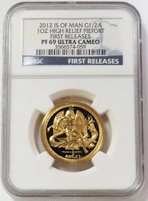 2012 GOLD ISLE OF MAN PIEFORT 1 OZ ANGEL HIGH RELIEF NGC PF 69 UC FIRST RELEASES - Image 1 of 2