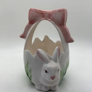 Mud Pie 1998 ceramic bunny basket  pink bow  pre owned Easter decor 5.5”x4” - Picture 1 of 5