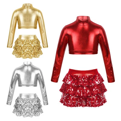 Kids Girls Dance Outfits Stage Performance Costume Theme Party Dancewear Shiny - Image 1 of 3