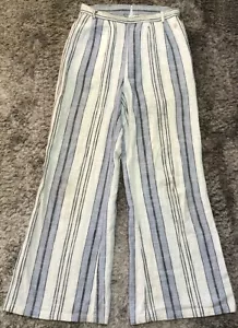 H134 Authentic Rip Curl Dusk Beach Pants Ramie Blue Cream Flare Womens 10 VGC - Picture 1 of 12