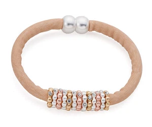 Nubuck Leather Bracelet Tan / Beige Three Tone Rose Gold Silver Diamante Charms - Picture 1 of 1