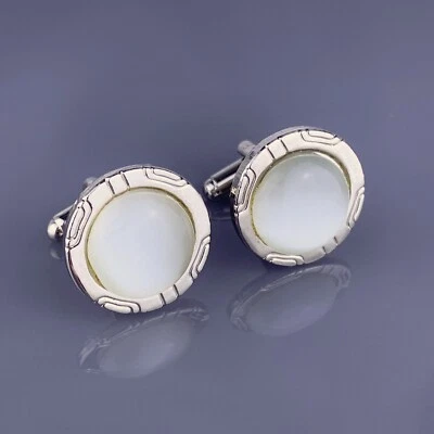 Gemelos Cabujón Redondos Blancos Tono Plateado Modernista Simple Ojo de Gato De Colección Foto 1 de 4