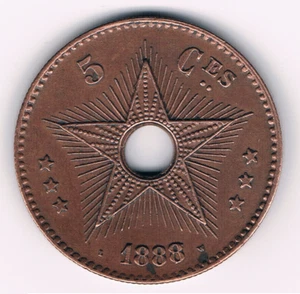 R 5 CENTIMES 1888/7 BELGIUM CONGO FREE STATE LA#VCM 3 - KM#3 SUP - Foto 1 di 3