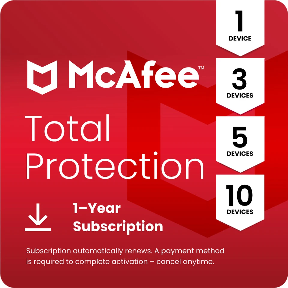 McAfee Total Protection 2025 1, 3, 5, 10 Devices 1 Year Auto-Renewal - Digital - Image 1 of 4