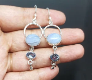 Blue Lace Agate Wonderful Earring Gemstone 925 Sterling Silver Handmade 2" - Picture 1 of 2