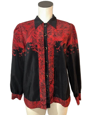 Leslie Fay Women's Vintage Red & Black Festive Paisley Button Up Shirt Size 12 - Image 1 of 4