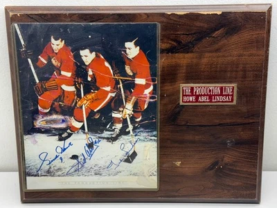 Línea de producción Detroit Red Wings placa NHL autógrafos Gordie Howe Abel Lindsay Foto 1 de 4