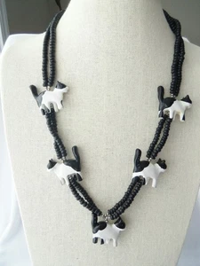 80's Vintage White & Black Painted Wood Cats Double Strand Bead Necklace - Picture 1 of 7
