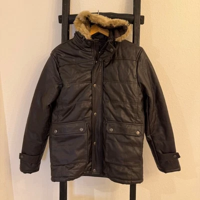 Emporio & Co Mens Brown Faux Leather Puffer Jacket Coat with Faux Fur Hood Large - Image 1 of 4