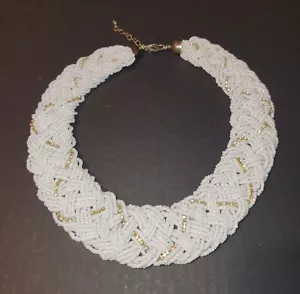 Vintage White Woven Braided Glass Seed Bead, Golden strand w/ CZ 17-20" Necklace - Picture 1 of 4