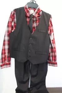 Boys 4pc Vest Suit Set Black With Red Plaid Shirt and Tie Formal Holiday Size 14 - Picture 1 of 3