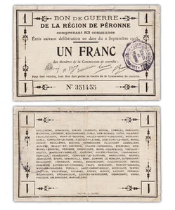 1 FRANC 1915 REGION DE PERONNE / FRANKREICH - KRIEGSGUTSCHEIN - WWI - Bild 1 von 2