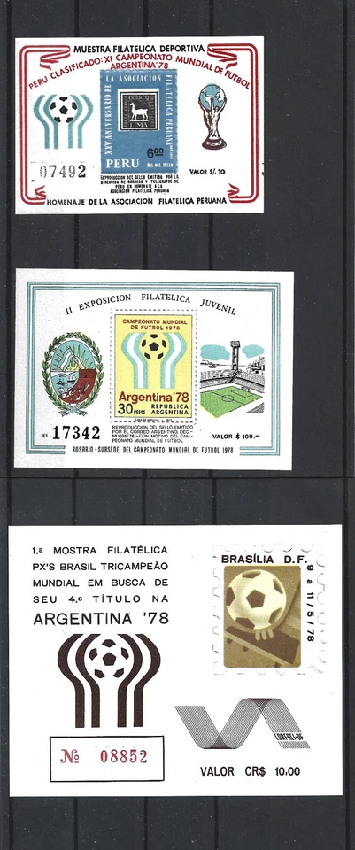 Argentina 1978 Worldcup Cinderellas Peru, Brazil, Argentina Three MNH S Sheets - Image 1 of 1
