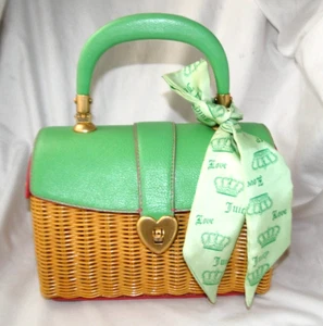 Juicy Couture Stroh Korb grün Leder Schal Lunchbox Stil Handtasche - Bild 1 von 15