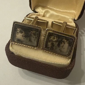 Antique Art Deco 12k Gold Filled Dendritic Moss Agate Minimalist Cufflinks 8.7g - Picture 1 of 11