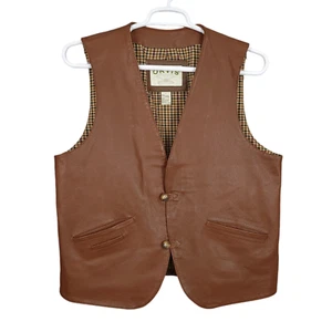ORVIS Herren Lederweste Gr. L braun 2-Knopf Taschen kariert Futter V-Ausschnitt - Bild 1 von 11