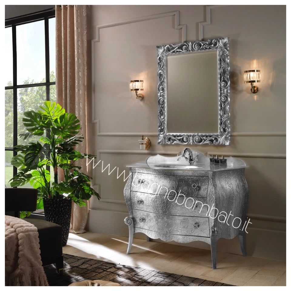 Mobile Bagno Foglia Argento Con Bassorilievo E Maniglie Swarovski  - Immagine 1 di 1