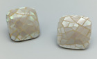 Vintage Rounded Square White Aurora Borealis Sheen Glass Mosaic Pierced Earrings