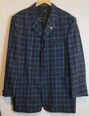 Stacy Adams Blazer 44R Men's Suit Jacket Black Blue Plaid Sport Coat - Image 1 of 4