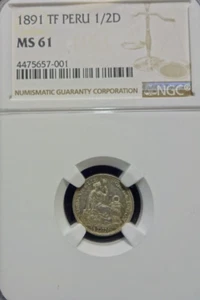 Peru 1891 TF 1/2 Dinero MS 61 NGC - Picture 1 of 4