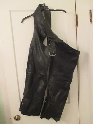 Interstate Leather Black Leather Size Zip Motorcycle Chaps - Size Adult large - Image 1 of 4