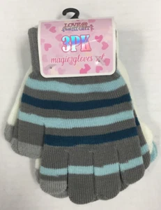 Love @ First Sight Girl's Knit Magic Gloves Set Blue Stripe 3 PACK - Picture 1 of 3