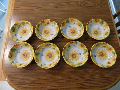 Sunflower Melamine Bowls Set of 8 Yellow Bees 7” Summer Garden Floral - Image 1 of 4
