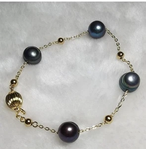Hermosa pulsera barroca de perlas negras naturales de Tahití de 7,5-8" AAA+++ oro 14k - Imagen 1 de 8