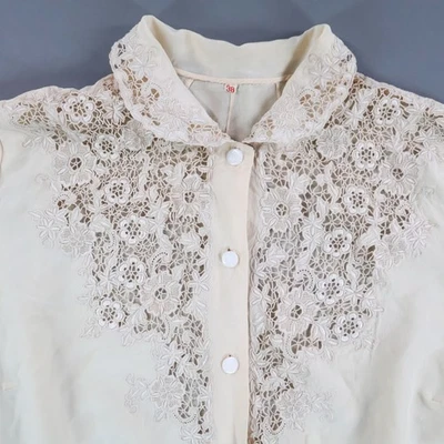 Vtg Silk Blouse Top Embroidered Sheer Guipure Lace Bodice 1940s Short Sleeves - Image 1 of 4