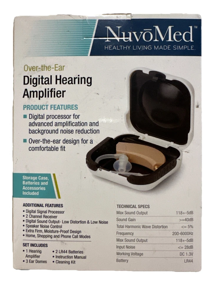 Estuche de almacenamiento y accesorios amplificador auditivo recargable sobre la oreja NuvoMed Foto 1 de 1